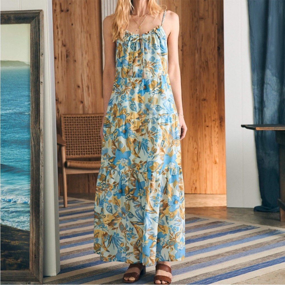 Faherty Sun Chaser Maxi Dress M Floral Coastal Country Cotton Silk Classic